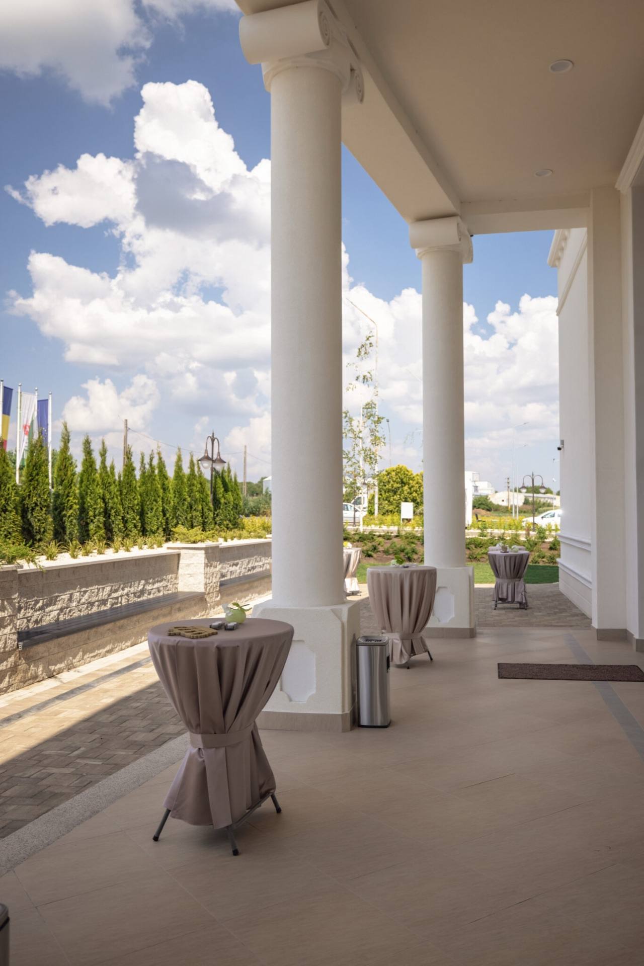 The estate gardens, with greenery and colonnades